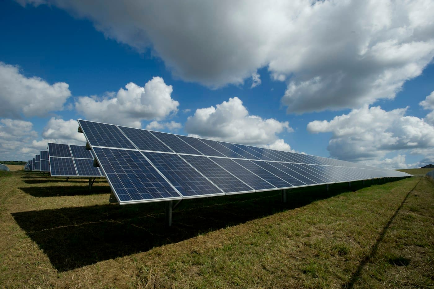Solar panels in sunlight, standing in for appropriate technology